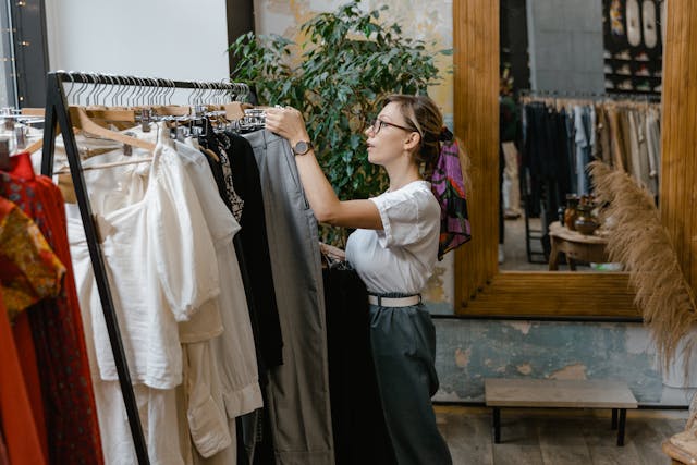 a worker organizing a clothing rack in a store