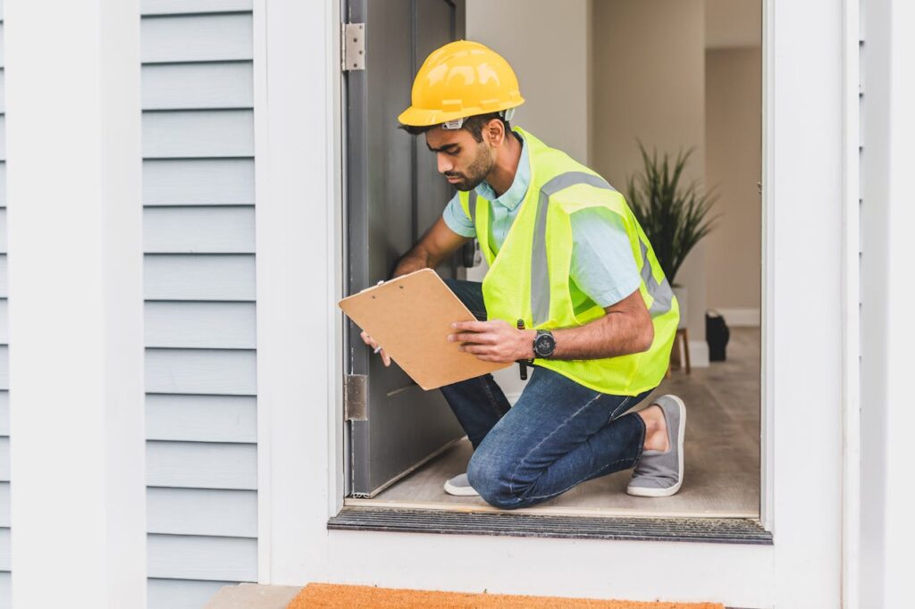 construction worker inspecting doorframe